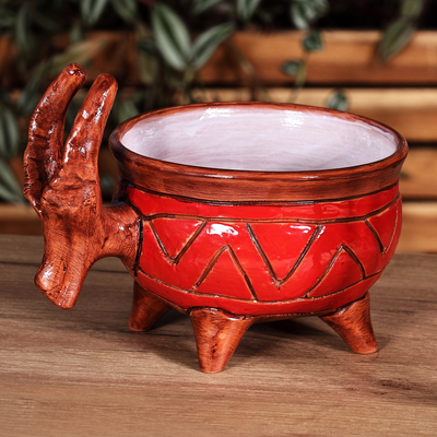 Painted Bull-Themed Red and Brown Ceramic Decorative Bowl