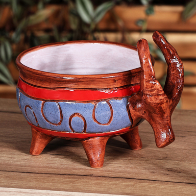 Painted Bull-Themed Brown and Blue Ceramic Decorative Bowl