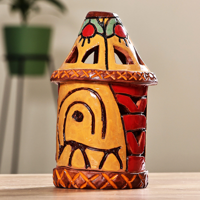 Handcrafted Traditional Yellow and Red Ceramic Candleholder