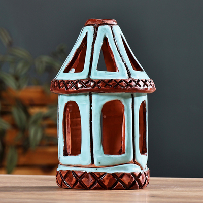 Handcrafted Traditional Blue and Brown Ceramic Candleholder