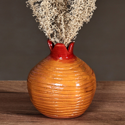 Handmade Pomegranate-Shaped Yellow Ceramic Decorative Vase