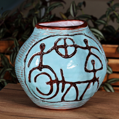 Round Turquoise Ceramic Vase with Ancient Pictographs