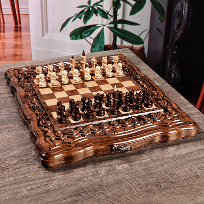 Hand Carved Wood Chess and Backgammon Board Game Set