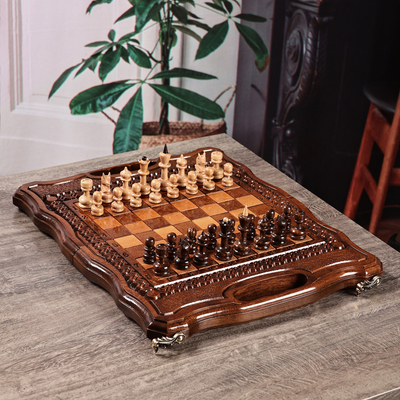 Wood Chess & Backgammon Board Game Set with Storage Bag
