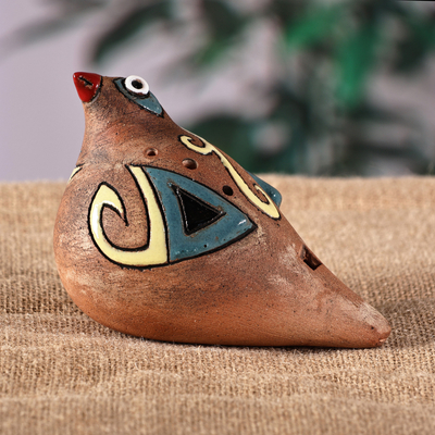 Hand-Painted Bird-Shaped Ceramic Ocarina in Teal and Yellow