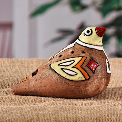 Hand-Painted Bird-Shaped Ceramic Ocarina in Warm Hues