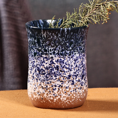 Handcrafted Modern Blue and Brown Ceramic Semi-Cylinder Vase