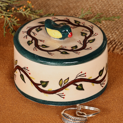Hand-Painted Glazed Ceramic Jewelry Box with Bird Accent
