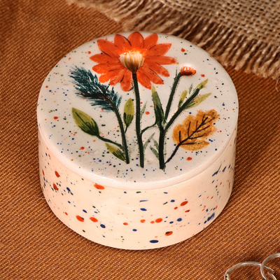 Hand-Painted Ceramic Jewelry Box with Floral & Leaf Motif