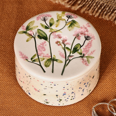 Hand-Painted Glazed Ceramic Jewelry Box with Floral Motif
