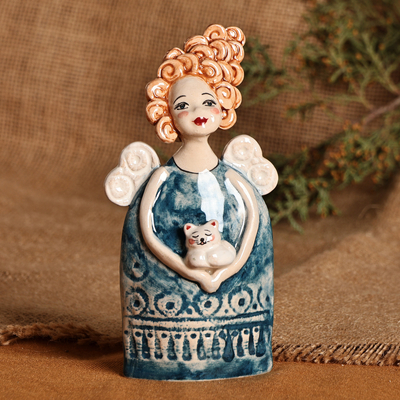 Handcrafted & Painted Angel and Cat Glazed Ceramic Sculpture