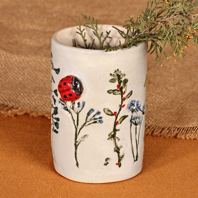 Glazed Ceramic Vase with Hand-Painted Ladybug & Floral Motif