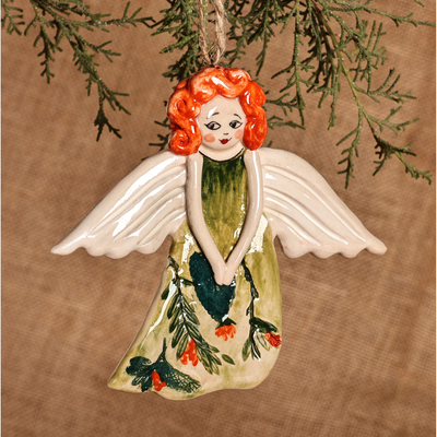 Angel with Floral Dress Hand-Painted Glazed Ceramic Ornament