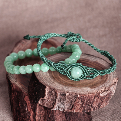 2 Jade Macrame Pendant and Beaded Stretch Bracelets in Aqua