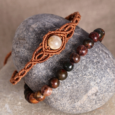 2 Jade Macrame Pendant and Beaded Stretch Bracelets in Brown