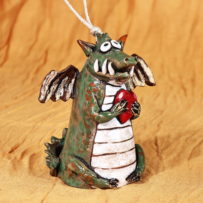 Handcrafted and Painted Green Dragon Ceramic Bell Ornament