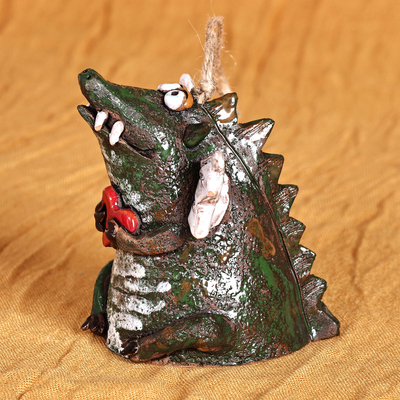 Handcrafted and Painted Dragon & Heart Ceramic Bell Ornament