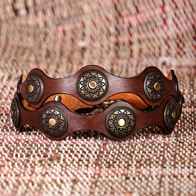 Antiqued Finished Metal and Brown Leather Belt from Armenia