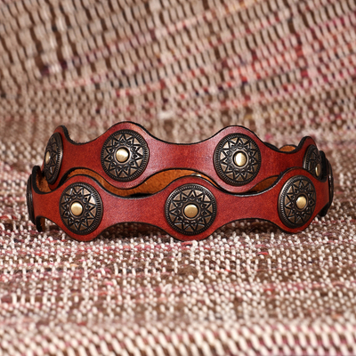 Antiqued Finished Metal and Red Leather Belt from Armenia