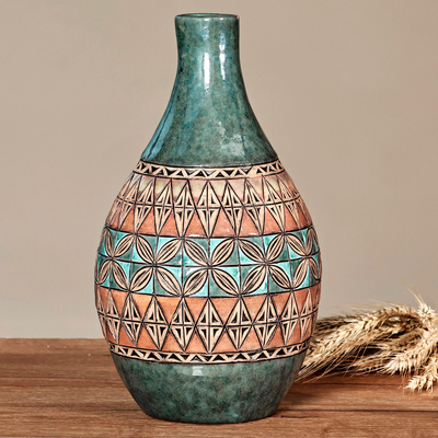 Mosaic-Inspired Green and Brown Round Bottle Ceramic Vase