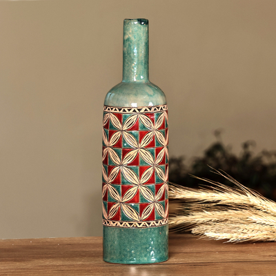 Mosaic-Inspired Green and Red Bottle-Shaped Ceramic Vase