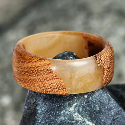 Hand-Carved Golden-Toned Apricot Wood and Resin Band Ring