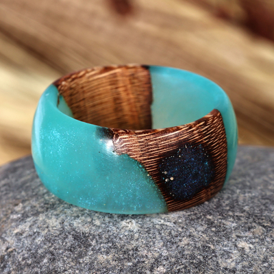 Handcrafted Apricot Wood and Turquoise Resin Band Ring