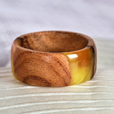 Hand-Carved Yellow Apricot Wood and Resin Band Ring