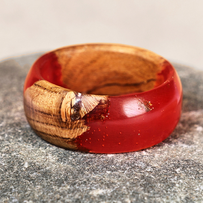 Hand-Carved Red Apricot Wood and Resin Band Ring
