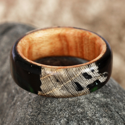 Hand-Carved Dark-Toned Apricot Wood and Resin Band Ring
