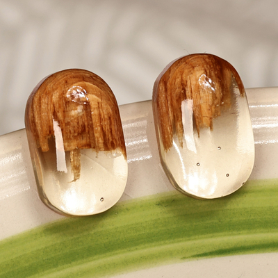 Handcrafted Apricot Wood and White Resin Button Earrings