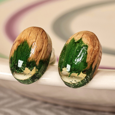 Handcrafted Apricot Wood and Green Resin Button Earrings
