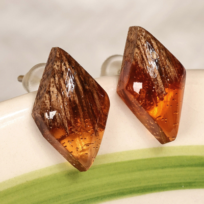 Diamond-Shaped Walnut Wood and Brown Resin Button Earrings