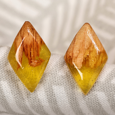 Diamond-Shaped Apricot Wood and Yellow Resin Button Earrings