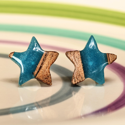 Star-Shaped Blue and Brown Walnut Wood Resin Stud Earrings