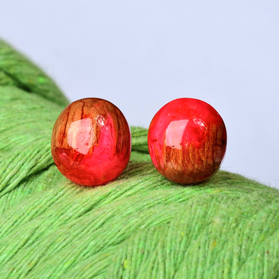 Round Beechwood and Pink Resin Stud Earrings from Armenia