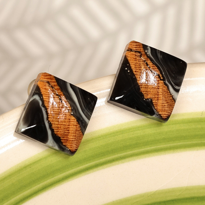 Diamond-Shaped Apricot Wood and Black Resin Button Earrings