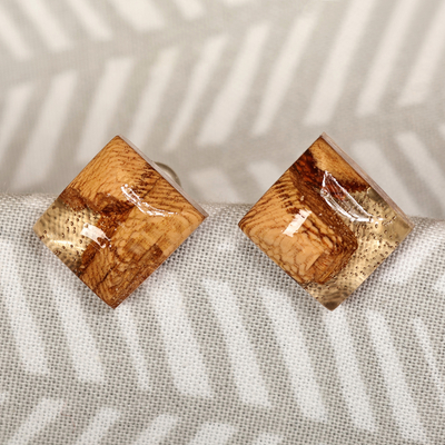 Diamond-Shaped Apricot Wood and Resin Button Earrings