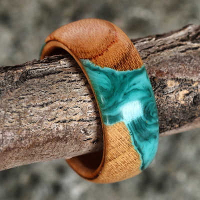 Handcrafted Apricot Wood and Resin Band Ring in Turquoise
