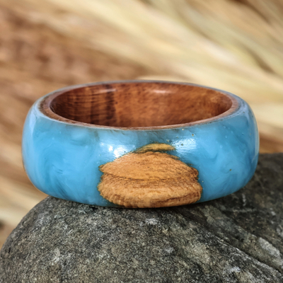 Handcrafted Apricot Wood and Resin Band Ring in Blue