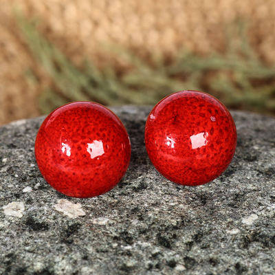 Red Ceramic Button Earrings with Sterling Silver Posts