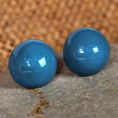 Modern Bright Blue Ceramic Button Earrings with Posts