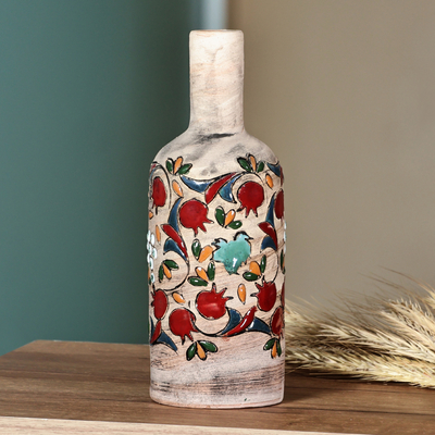 Hand-Painted Ceramic Bottle Vase with Pomegranate Motif