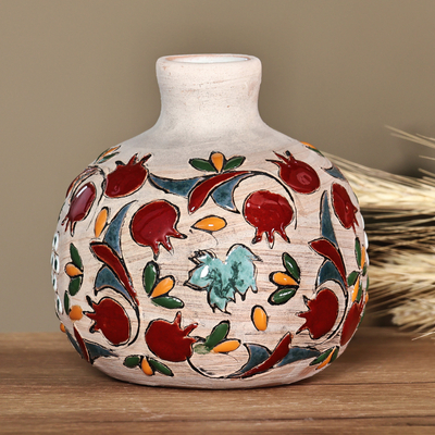 Round Hand-Painted Pomegranate Ceramic Vase from Armenia