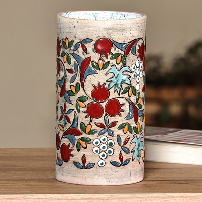 Hand-Painted Ceramic Cylinder Vase with Pomegranate Motif