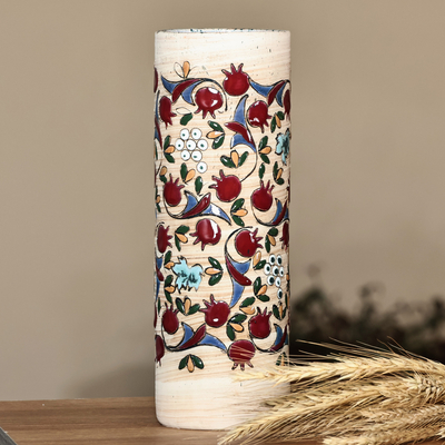 Hand-Painted Ceramic Pomegranate Cylinder Vase from Armenia
