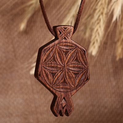 Hand-Carved Geometric Walnut Wood Pendant Necklace