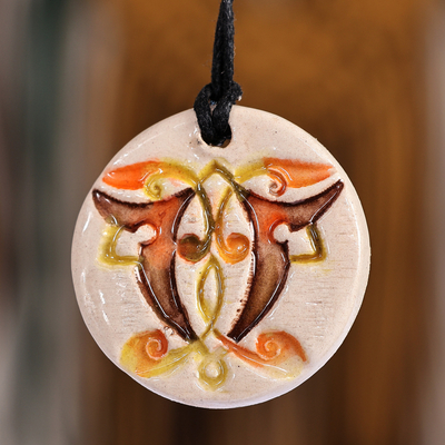 Hand-Painted Warm-Toned Leafy Round Ceramic Pendant Necklace