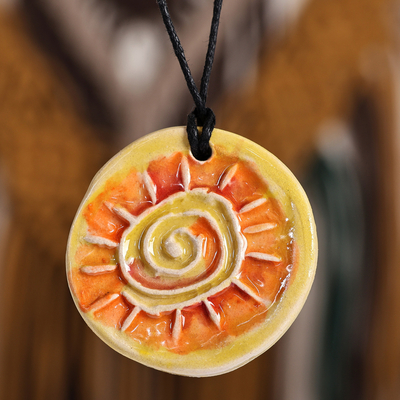 Hand-Painted Warm-Toned Sun-Themed Ceramic Pendant Necklace