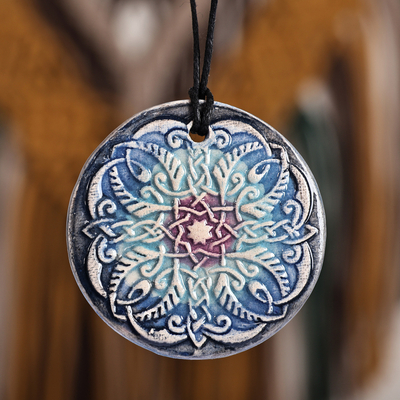 Hand-Painted Classic Blue Floral Ceramic Pendant Necklace